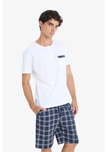 Defacto Regular Fit Pijama Takımı Kısa Kollu Üst Kareli Şort E7158ax25hswt34 Beyaz