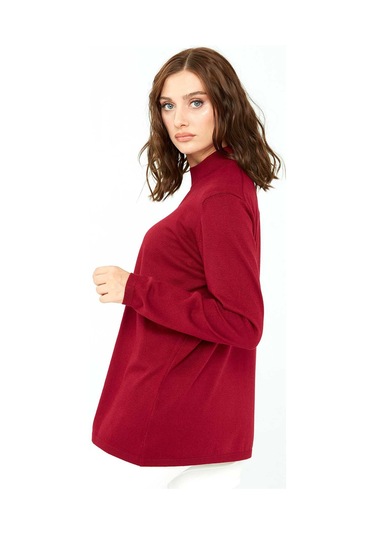 Desen Triko Kadın Likralı Uzun Kol Basic Yarım Balıkçı Bluz 0240016 Vişne Vişne