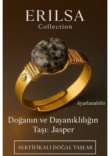 Sertifikalı Doğal Jasper Taşı Yüzük Kalın Tımbıl Kasa Gold Renk Ayarlanabilir Renkli