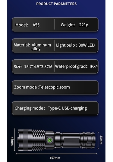 Wezone A55 Beyaz Lazer El Feneri, 1200 Lumen, Usb Hızlı Şarj, 3280ft Uzak Menzil, Su Geçirmez, Fokus Ayarlanabilir, Kamp/hiking/acil Durumlar İçin Led El Feneri Siyah