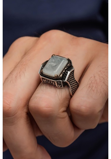 Yüzük Sanatı Beyaz Paraipa Taşlı Parlak 925 Gümüş Erkek Yüzük