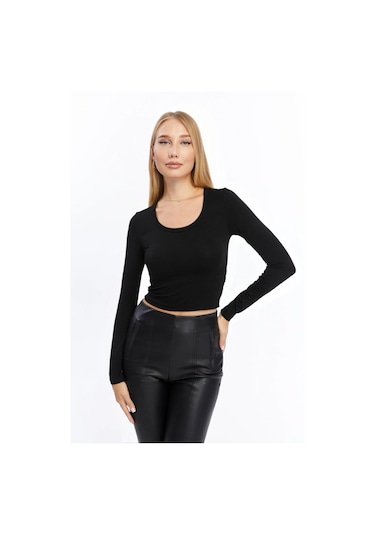 Bigümex Kadın Siyah Bisiklet Yaka Uzun Kollu Crop Bluz