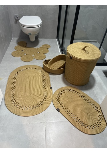 Banyo Takımı Çamaşır Sepeti Banyo Organizer Sepet Paspas Klozet Önü Paspas 6 Lı Banyo Seti Kahverengi