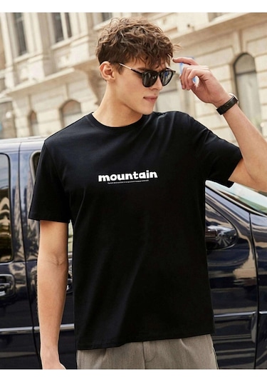 Erkek Siyah Oversize Mountain Baskılı T-shirt Siyah