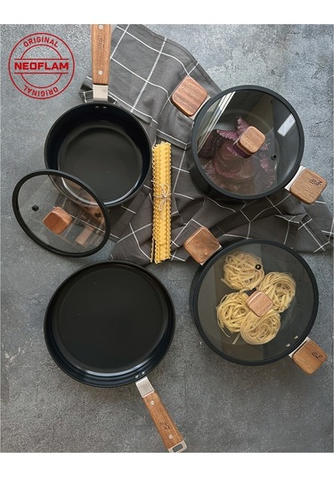 Neoflam Bien Black 7 Parça Indüksiyonlu Tencere Tava Seti, Akasya Ağacı Sap Ve Kulplu