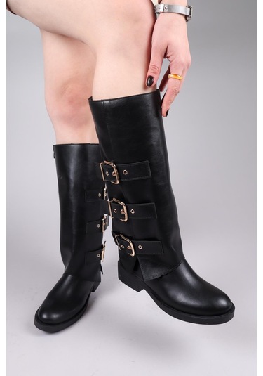 Balrog Gold Kemer Aksesuarlı Düz Çizme Siyah-8465 Siyah