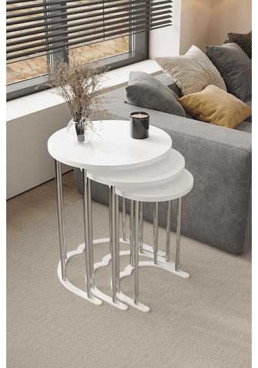 3' Lü Zigon Sehpa Gümüş Ayak Beyaz 18 Mm Mdf Gümüş