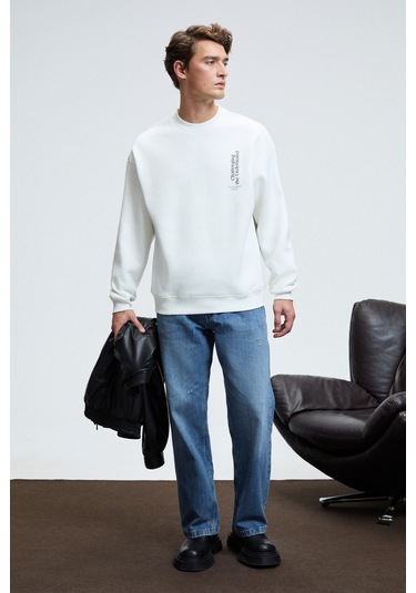 ALDEN Erkek Yuvarlak Yaka Göğsü Ve Sırtı Baskılı Relaxed Fit Beyaz Sweatshirt