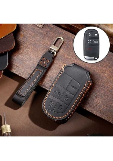 Tongxida Hallmo Jeep Compass Uyumlu 5 Düğmeli Koyu Deri Anahtarlık, Siyah
