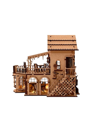 Işıklı Detaylı Kahve Dükkanı Diorama Maketi Ahşap Hobi Seti