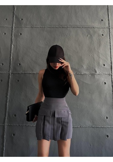Kadın Gri Kargo Cep Detaylı Pileli Mini Etek-gri Gri