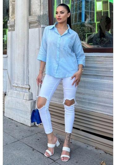 Kadın Mavi Truvakar Kol, Oval Kesim, Terletmez, Flamlı Keten Salaş Gömlek Mavi