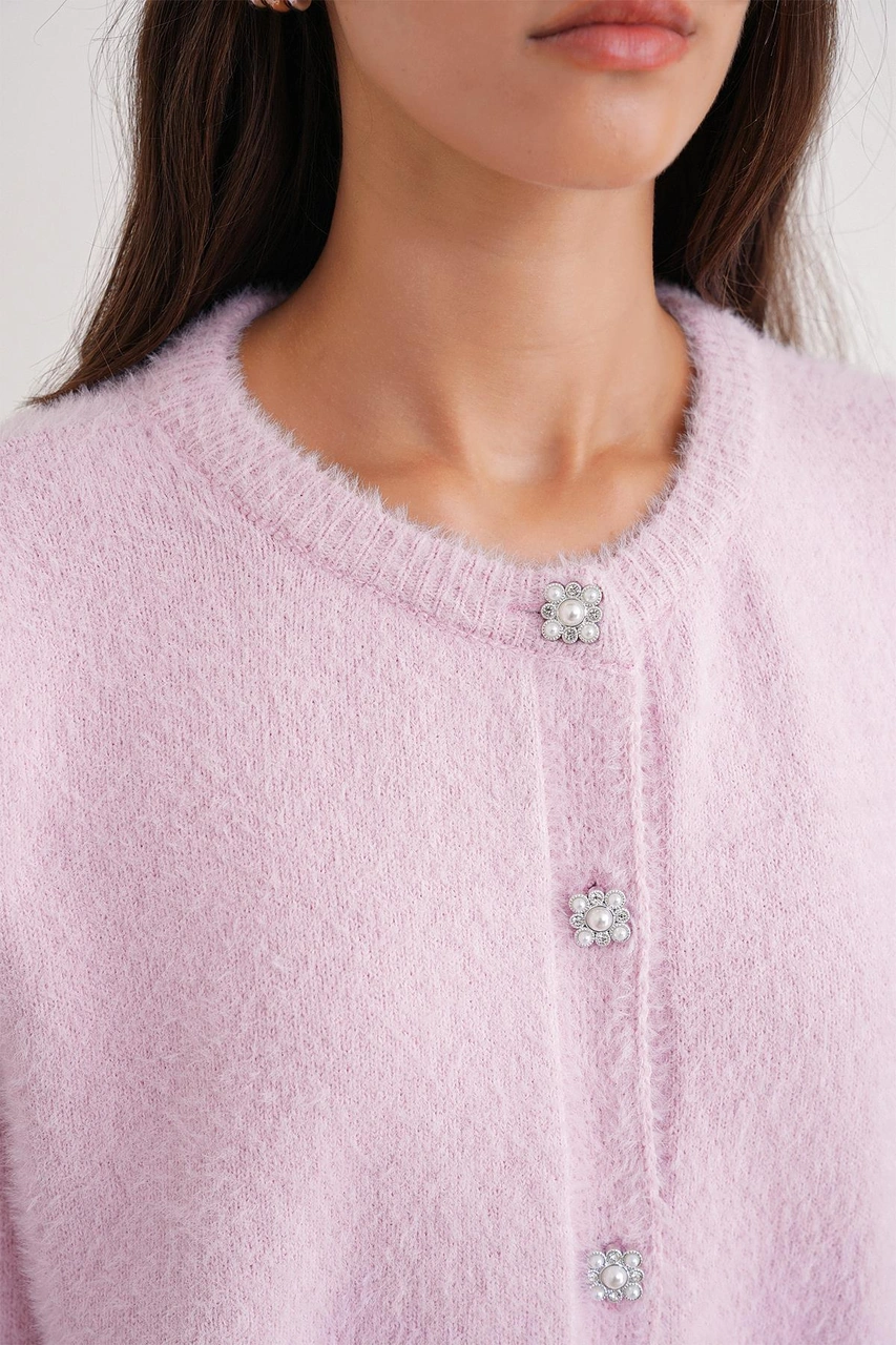 6902 Kadın Sakallı Basic Yumuşak Dokulu Triko Hırka Pembe Pembe