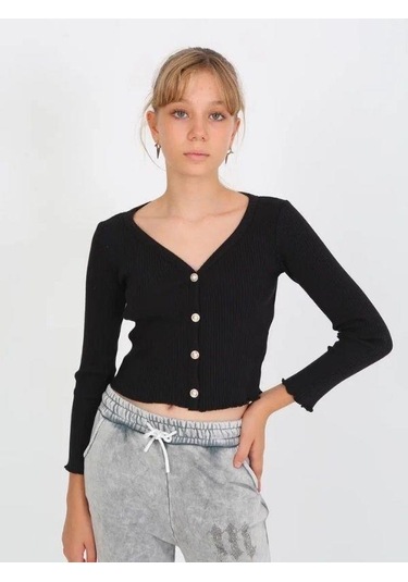 Kız Çocuk Kaşkorse Taşlı Düğmeli Hırka-14807 Siyah