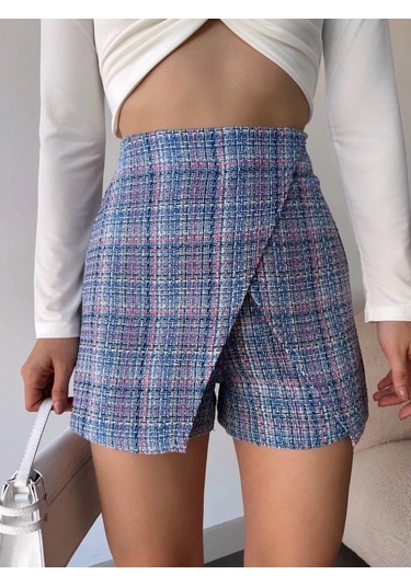 Kapaklı Tüvit Şort Etek Mavi Mavi
