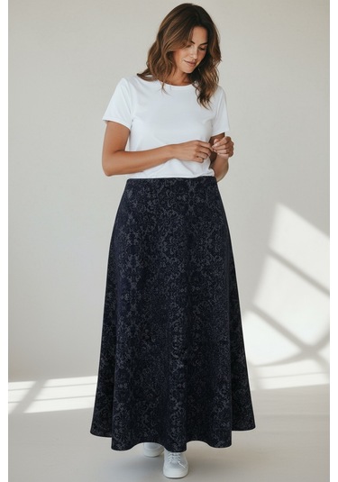 Kadın Beli Lastikli Desenli Sekiz Parça Balık Etek Mavi