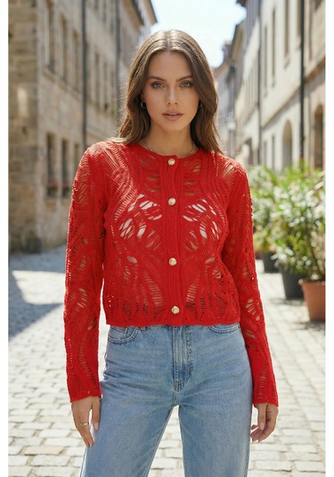 Sayzen Your Shine Dantel Desenli Gold Düğmeli Basic Ceket Shn-2602-tg Kırmızı
