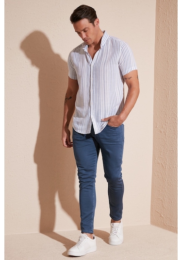 Buratti Çizgili Pamuklu Slim Fit Kısa Kollu Erkek Gömlek Cf23S116097 Beyaz-Saks