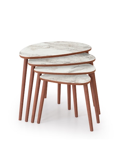 Nora 4lü Dörtlü Mdf Ahşap Zigon Sehpa - Beyaz Mermer Desen