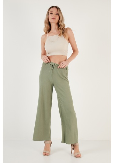 Lela Belden Bağlamalı Rahat Kesim Krinkıl Kuımaş Bayan Pantolon 5862061 Olive