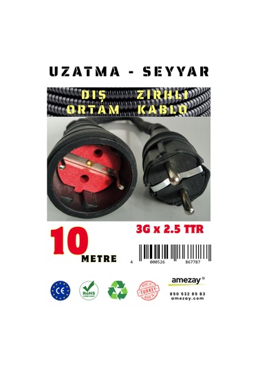 10 Metre Dış Ortam Spiral Zırhlı Uzatma Kablosu - G3x2.5 Kablo Kesiti 10 Metre