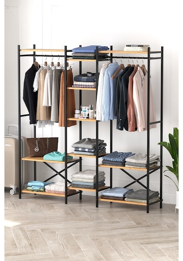 10 Raflı Metal Gardırop Metal Portmanto Açık Gardırop Elbise Dolabı Vestiyer Openix Çam