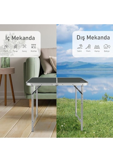 Haegs Portatif Kamp Masası, 3 Yükseklik Ayarlı, Katlanır Piknik Masası, Kolay Taşınabilir Alüminyum Masa - 80x50 - Antrasit