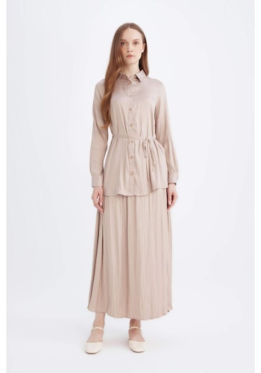 DeFacto A Kesim Basic Düz Saten Maxi Etek D2139AX24WNBG705 Bej