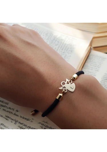 E Harfine Özel Örgü İpli 14 Ayar Altın Plakalı Mevlana Motifli Hediye Bileklik-319harf-siyah Altın