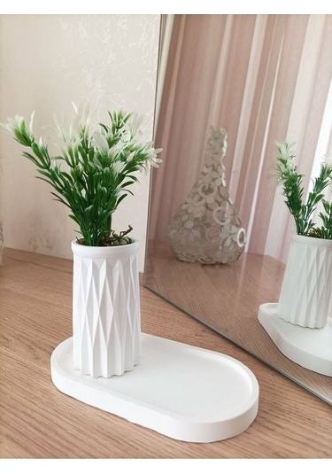 Mini Desenli Beton Saksı Tekli Ve Oval Tabak - Yapay Çiçek Hediyeli - Beyaz