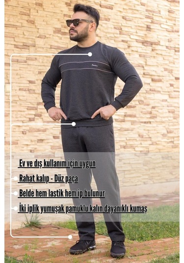Antrasit Normal - Battal Büyük Beden Kalın Sweat Erkek Eşofman Takımı 21eestbakt Antrasit