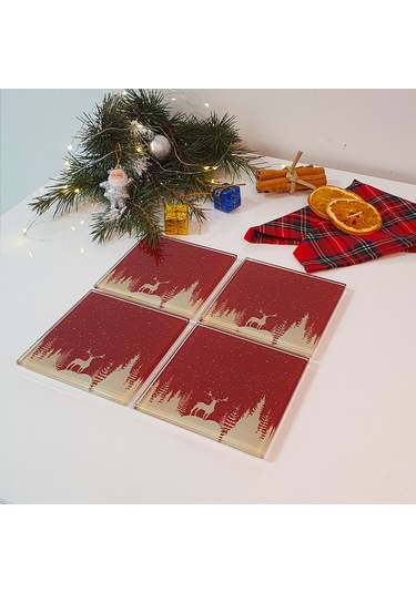 Decorita Cam Bardak Altlığı Yeni Yıl Kırmızı Slüet 4'lü Takım Kırmızı