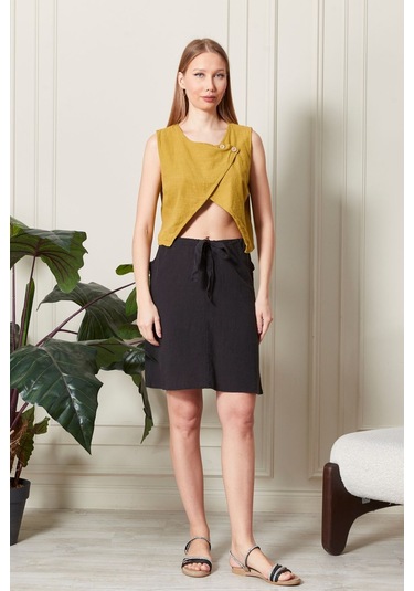 Şık Farklı Tarz Asi Keten Bluz - Modern Ve Cesur Tasarım HARDAL