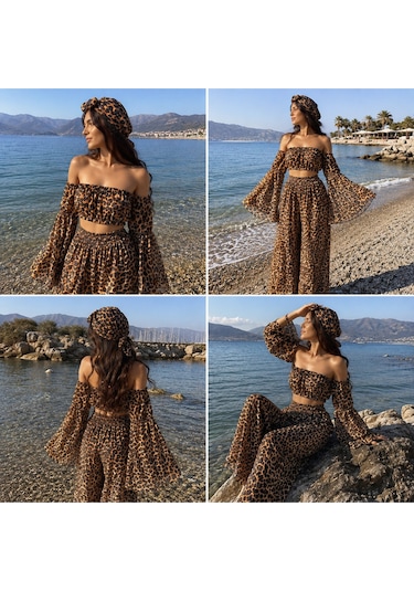Na Addesıgn Leopar Desenli Şifon 3 Lü Plaj Takımı İspanyol Kol Crop Set Leopar