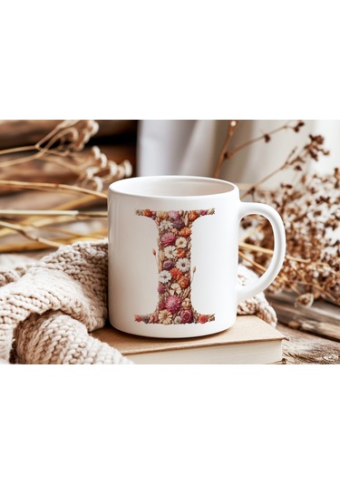 I Harfi Çiçek Desenli Kupa Bardak - Alfabe Harfleri İle Doğal Çiçekli Kupa - Hediye Fikir Beyaz