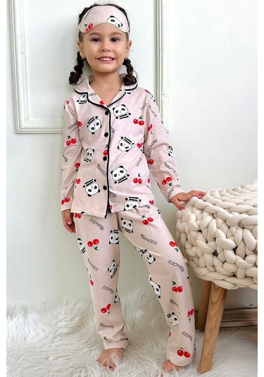 Kız Çocuk Yeni Sezon Düğmeli Pijama Takımı Panda Kiraz Desen Sütlü Kahve Renk Renkli Çok Renkli