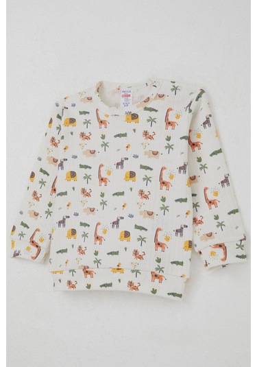 Breeze Erkek Bebek Pijama Takımı Omuzdan Patlı Bebek Hayvanat Bahçesi 4 Ay-1 Yaş, Ekru Ekru