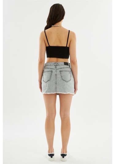 Kadın Pileli Yırtmaçlı Yüksek Bel Mini Kot Etek Antrasit-antrasit Antrasit