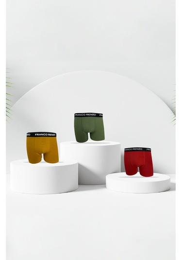 Franco Renzo Erkek 3 Lü Premium Kutu Likralı Boxer Hardal - Haki - Kırmızı