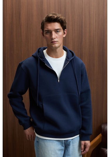 JUSTUS Erkek Kapüşonlu Kanguru Cepli Fermuar Yakalı Lacivert Sweatshirt