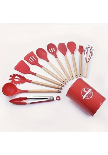 Tilbe Home 12'li Silikon Kevgir Kepçe Kaşık Fırça Spatula Çırpıcı Maşa Servis Seti Bambu Kırmızı Mut