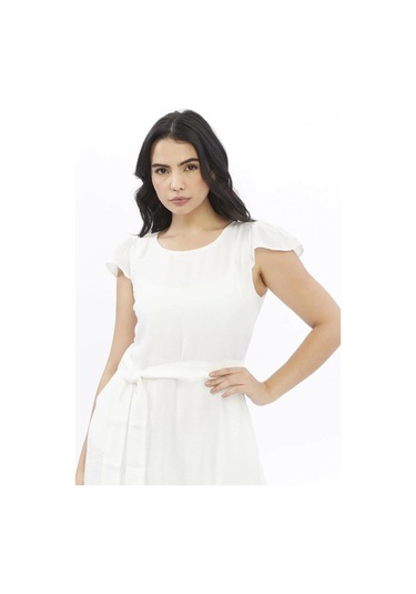 Apsen 3886/100 Kadın Renk Beyaz Omuz Detaylı Büzgülü Midi Boy Yazlık Elbise Beyaz