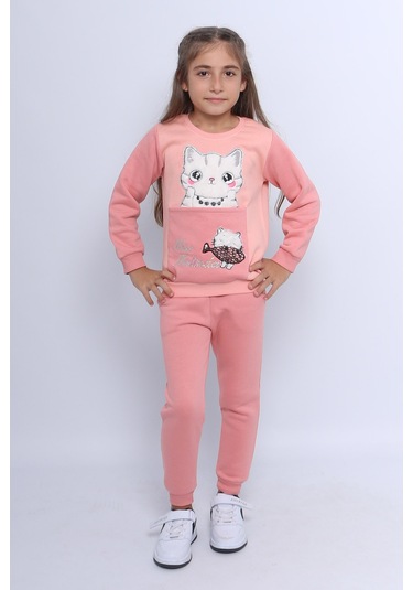 Kız Çocuk 3 İplik Eşofman Takımı Kedi Baskılı E4 Somon