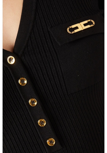 Elisabetta Franchi Ribbed Midi Triko Elbise, Lüks Günlük Şıklık Siyah