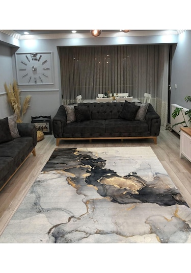 Dijital Kaymaz Yıkanabilir Renkli Modern Salon Halısı Mutfak Halısı Yolluk Balkon Halısı Ev Dekor Krem - Gri - Altın - Açık Mavi