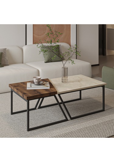 Verona İkili Orta Sehpa Modern Tasarım Metal Ayaklı Sehpa Seti Traverten/antik Ceviz