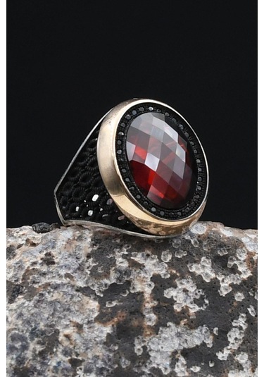 Kırmızı Zirkon Taşlı 925 Ayar Gümüş Erkek Yüzüğü 902440 Gümüş