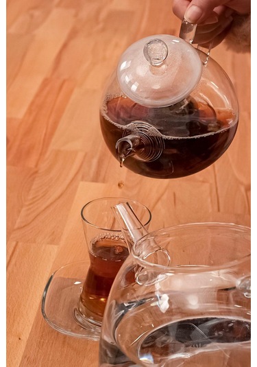 Borosilikat Cam Çaydanlık Seti - Demlik Isıya Dayanıklı, Süzgeçli Model Şeffaf