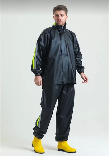 Premium Motorcu Kurye Yağmurluk Takım Su Geçirmez Pvc Kumaş Reflektörlü Tübitak Onaylı - Siyah Siyah