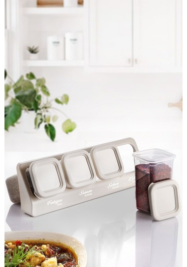Kitchen Life 4'lü Etiketli Standlı Kendinden Yapışkanlı Kare Baharatlık Takımı - Erzak Saklama Kabı Seti Krem
